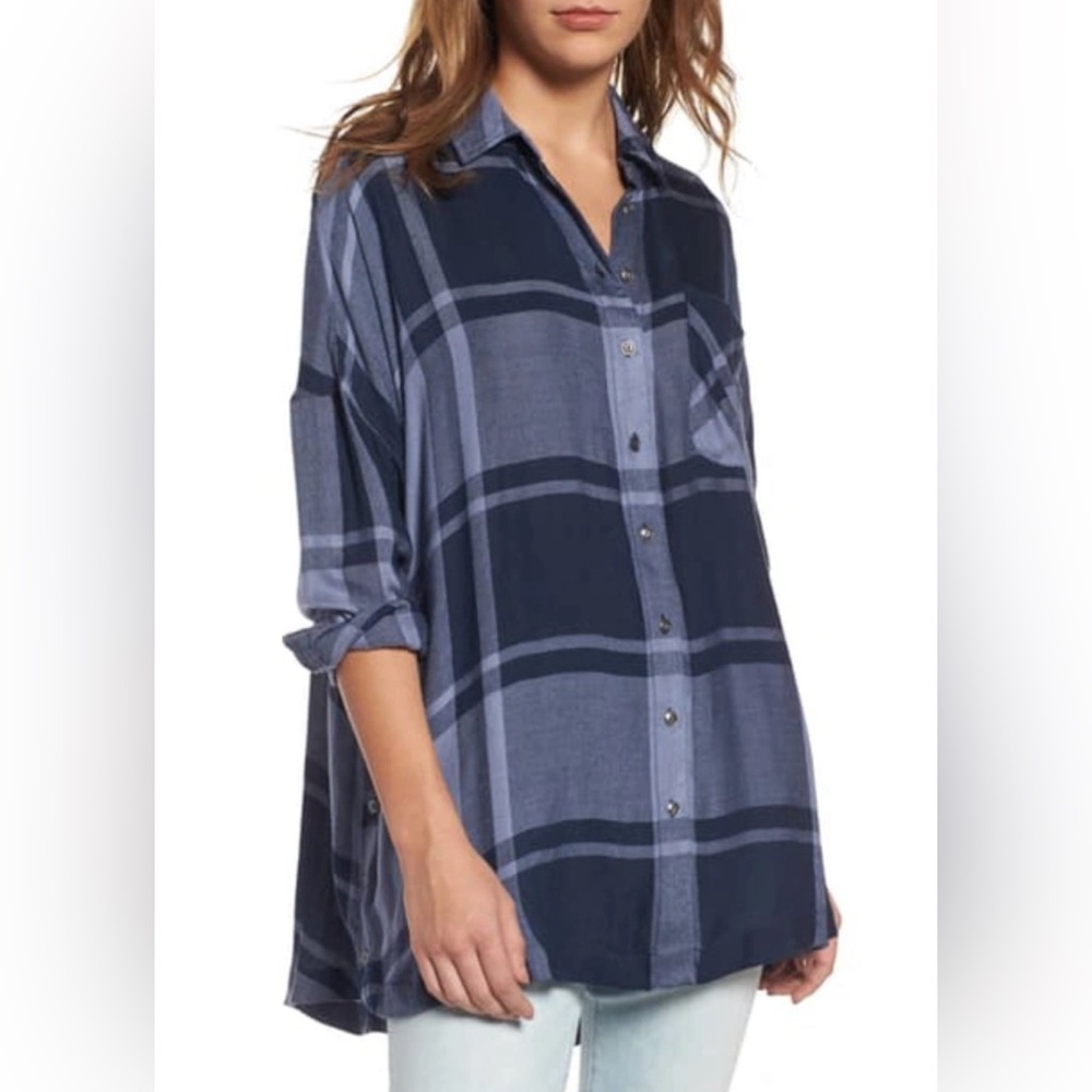 Free People Navy and Light Blue Plaid Tunic
